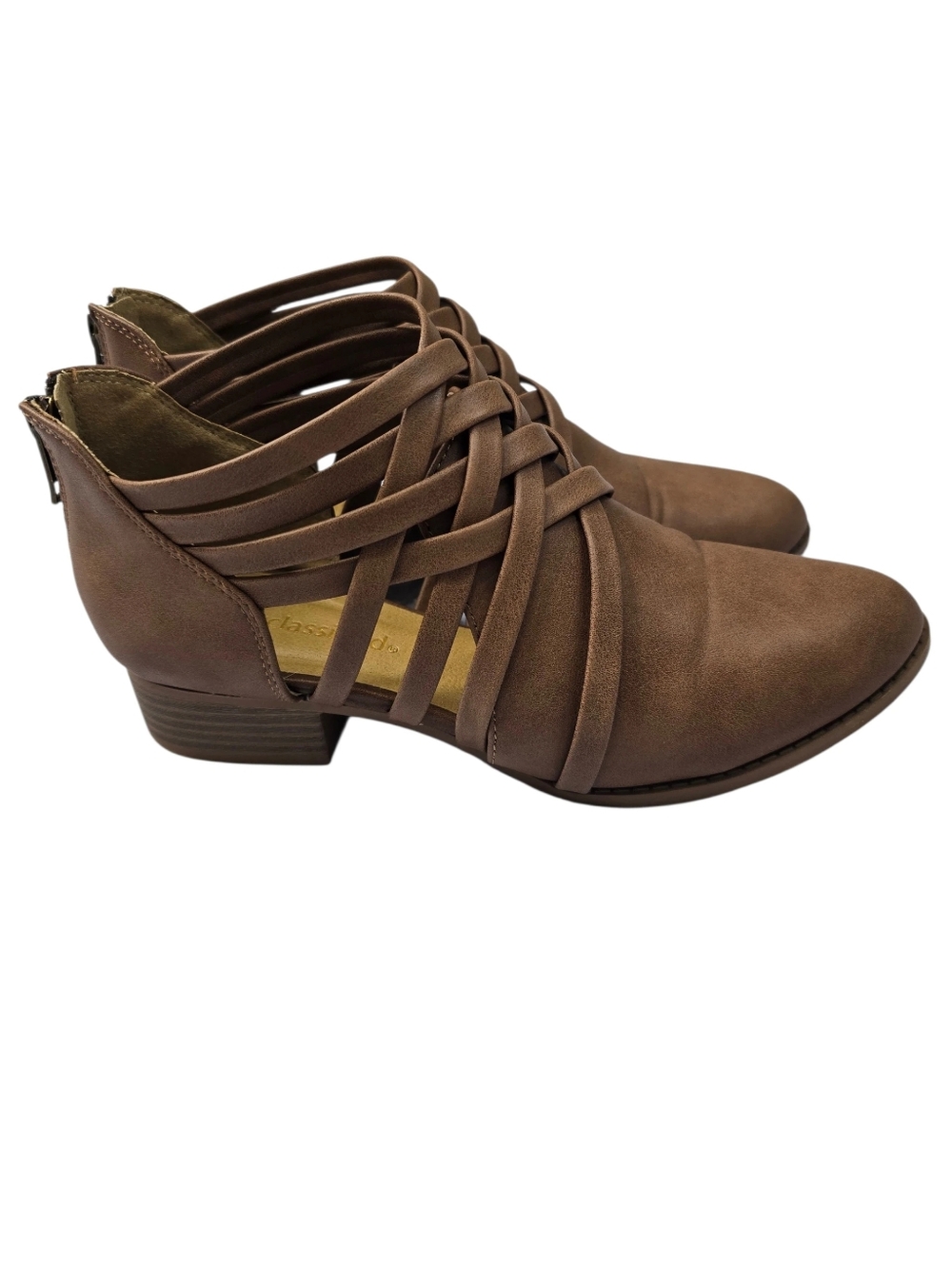 Cityclassified brown open weave strappy criss-cross boho western booties